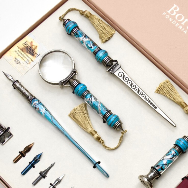 Turquoise Bortoletti Cornaro Murano glass calligraphy desk set close-up