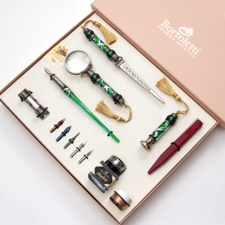 Green Cornaro Murano glass desk set by Bortoletti