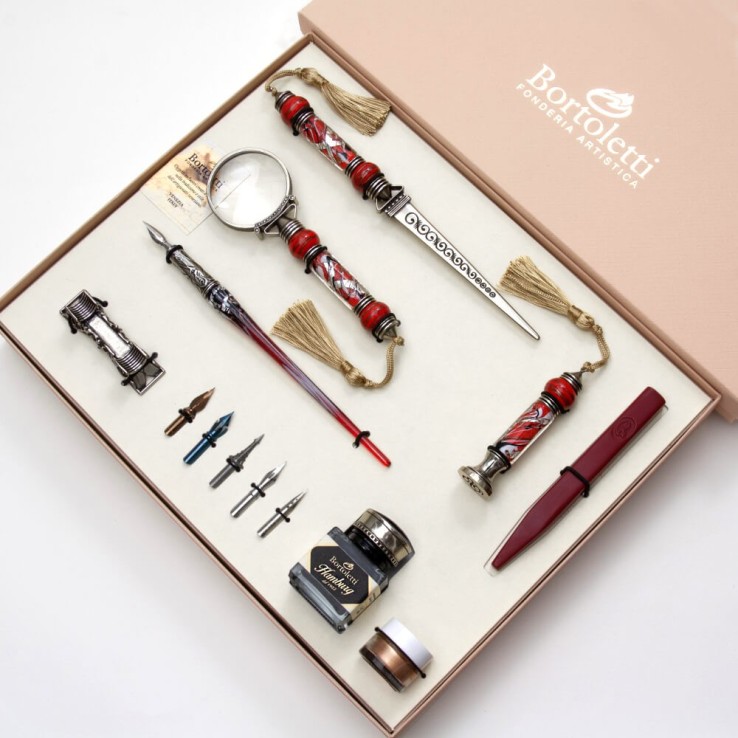 Red Cornaro Murano glass desk set by Bortoletti