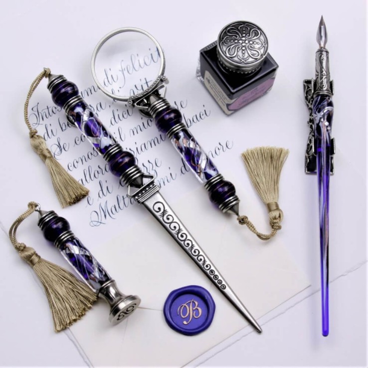 Bortoletti Cornaro complete glass calligraphy desk set in Murano glass