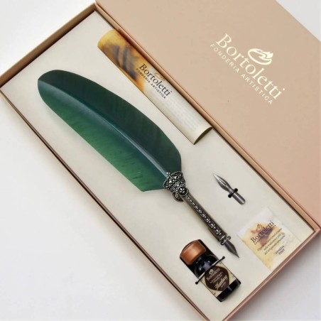 Bortoletti Corona green feather quill dip pen inkwell and pen holder