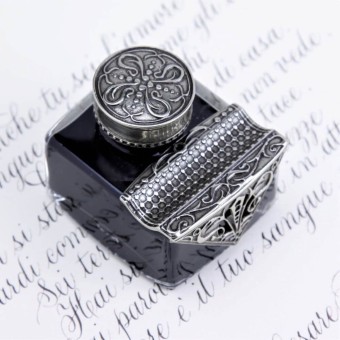 Bortoletti CAL65 Marco Polo Glass ja Bronze Inkwell, jonka kynän pidike 2