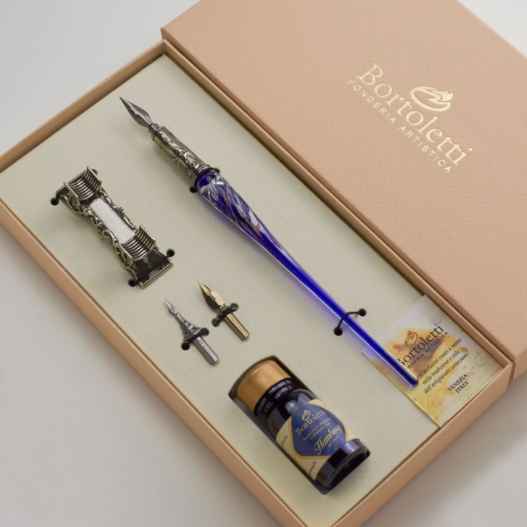 Blu Bortoletti Set di calligrafia di vetro di Murano Renier Murano