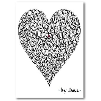 Carte de voeux cardiaque à la main à la main avec formulation de calligraphie