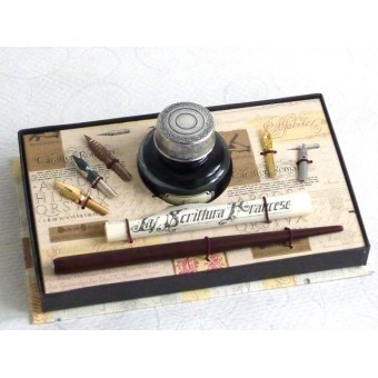 Penna calligrafica in legno, 5 pennini, inchiostro grande