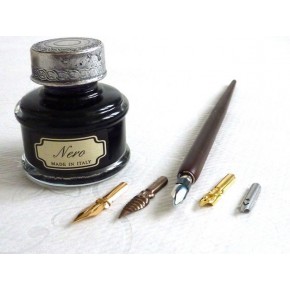 Penna calligrafica in legno, 5 pennini, inchiostro grande