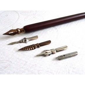 Penna calligrafica in legno, 6 inchiostri, 5 pennini