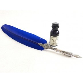 Blue feather with pewter pen