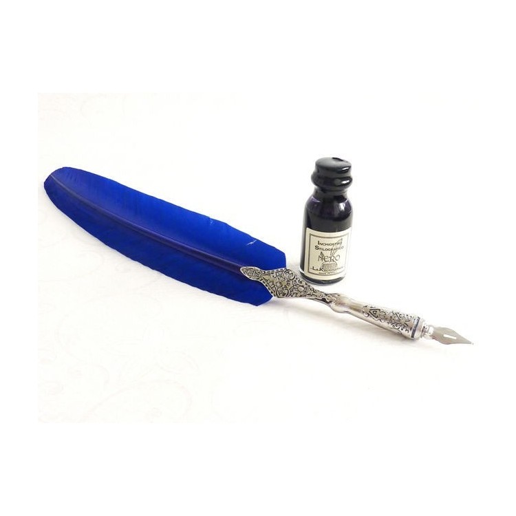Blue feather with pewter pen