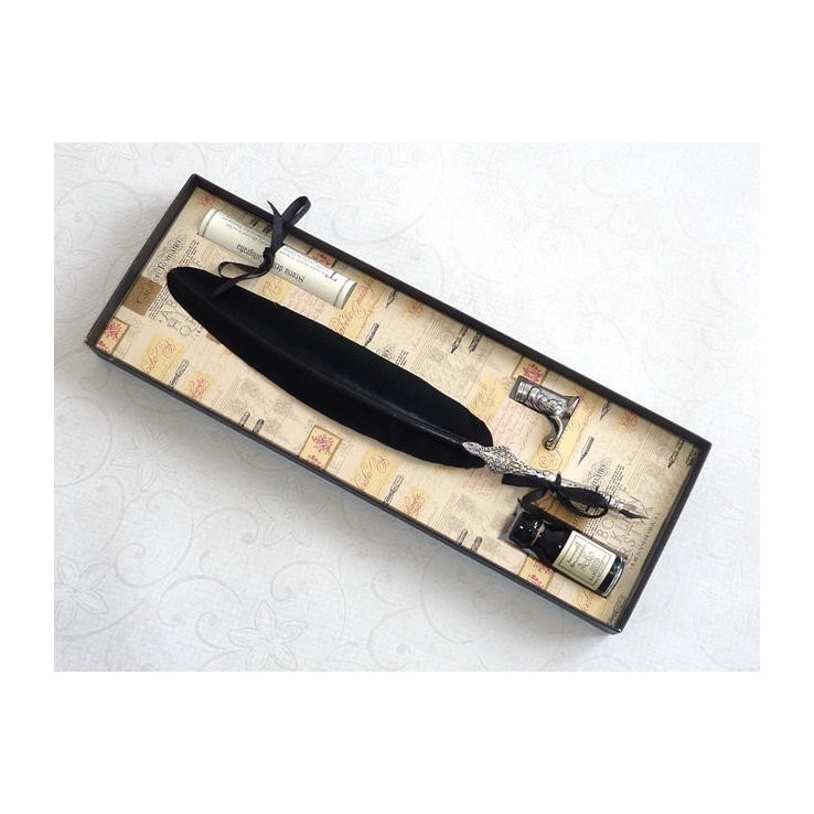 Black Feather Pen, Boot Holder & Ink Black Feather Pen, Boot Holder & Ink