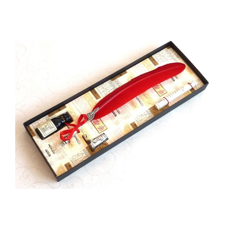 La Kaligrafica red feather pen set with boot holder and ink